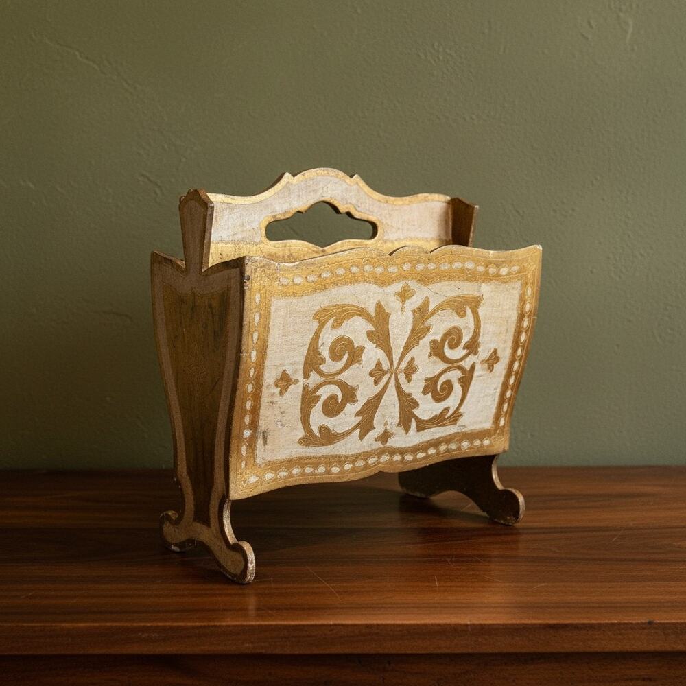 Vintage Italian Florentine Gilt Wood Magazine Rack-Gold-Hollywood Regency-Holder